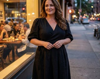 Plus size women's linen dress, minimalist wrap clothing, modest bridesmaid shift short rose frock, summer, spring, fall apparel