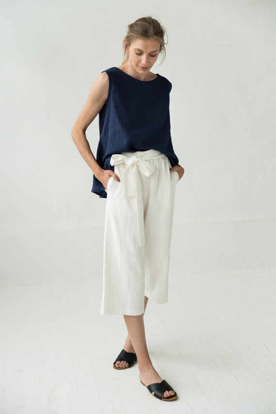 Linen Pants Women,Women's Linen Wide Leg Pants 2024 Summer Casual Elastic  Waist Summer Capri Pants Beach Pants