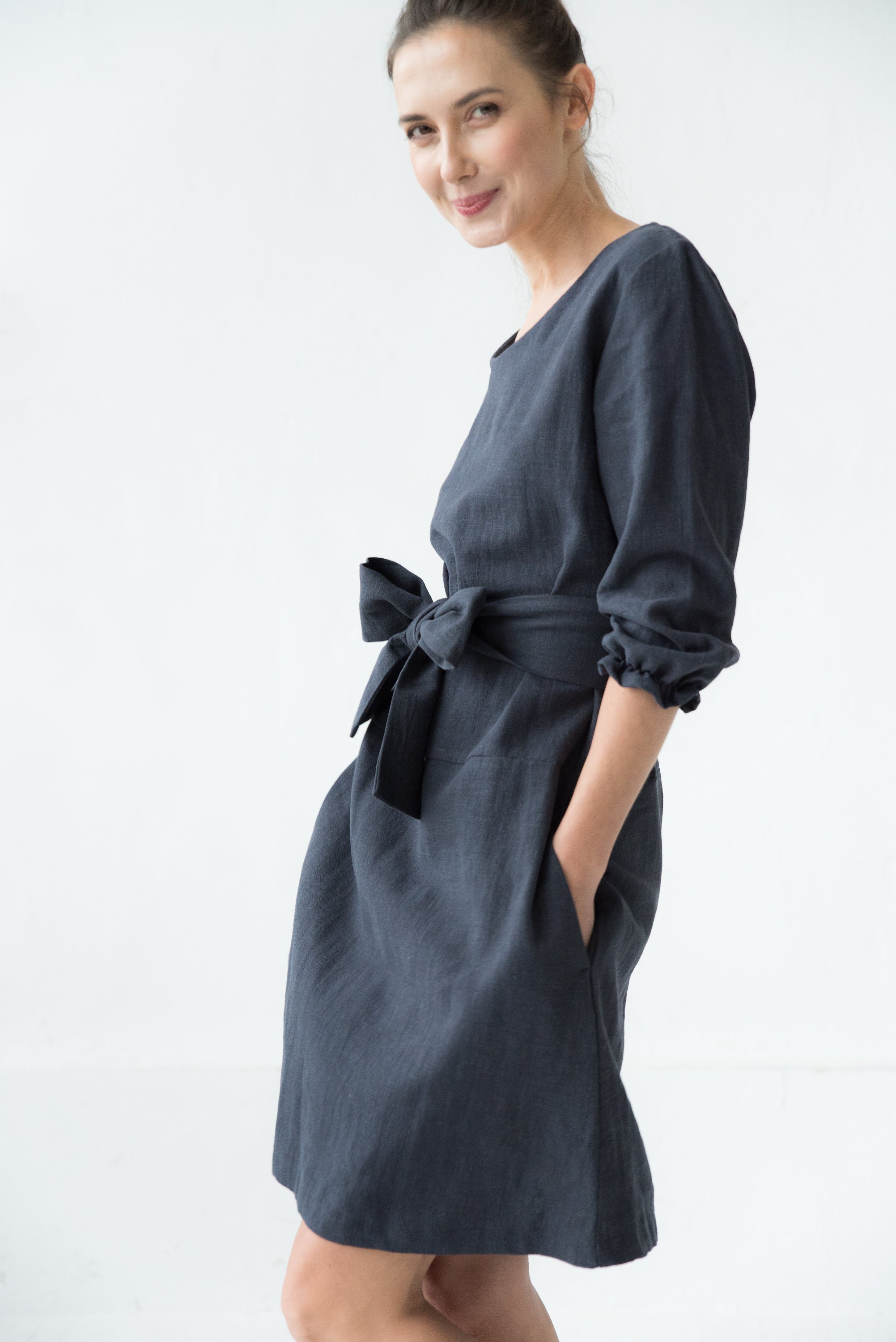 Linen Dress With Gathered Sleeves Summer Dress Belt Dress - Etsy