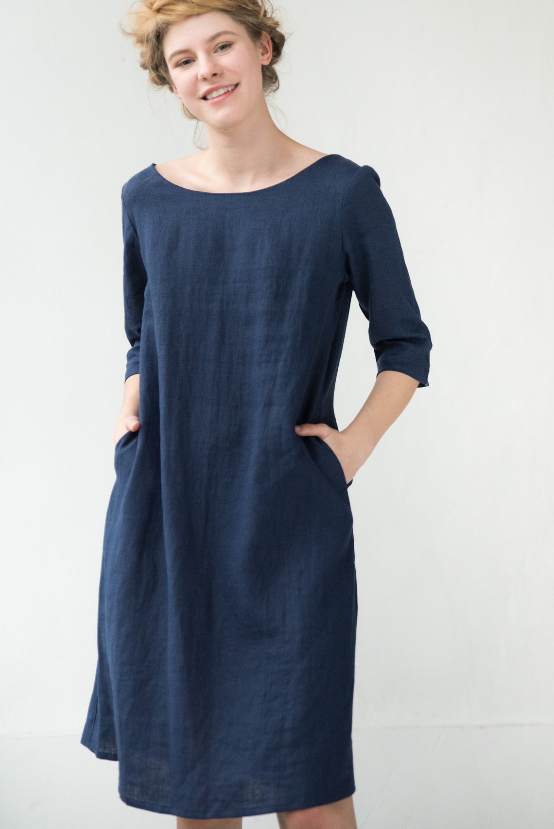 Linen Midi Dress Dark Blue Dress Shift Dress Minimalist | Etsy