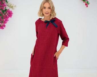 Linen bridesmaid dress with pockets and bow, minimalist bridal wedding guest bohemian short frock, shift everyday clothes