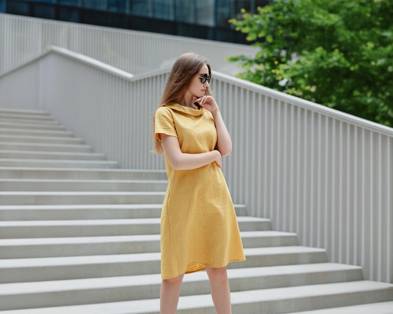 Beige Linen Dress, Womens Clothing, Summer Style Casual Frock, Modest Dress, Loose Midi Dress, Bow Dress, Cocktail Dress, Autumn Outfit