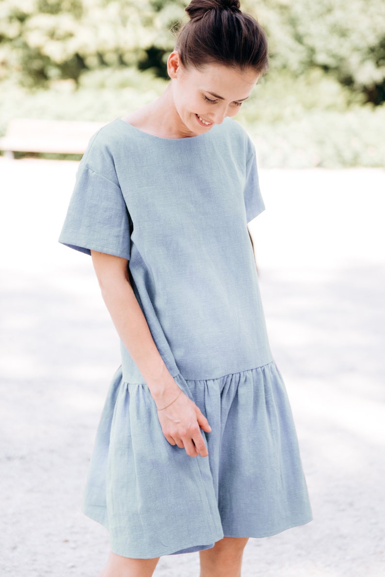 Linen Dress With Pockets Midi Dress Light Blue Dress Summer Etsy
