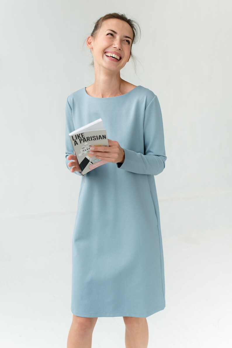 Blue Minimalist Dress, Womens Clothing, Shift Dress, Spring Clothing, LeMuse Dress, Elegant Dress, Dresses For Women, Long Sleeve Dress image 4