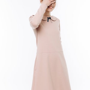 Nude Dress, Women Dress, Long Sleeve Dress, Collar Dress, Blush Dress, Pink Dress, Loose Fit Dress, Party Dress, Minimalist Dress, Collar image 5