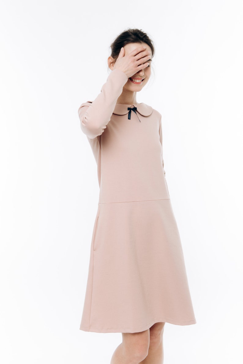 Nude Dress, Women Dress, Long Sleeve Dress, Collar Dress, Blush Dress, Pink Dress, Loose Fit Dress, Party Dress, Minimalist Dress, Collar image 5