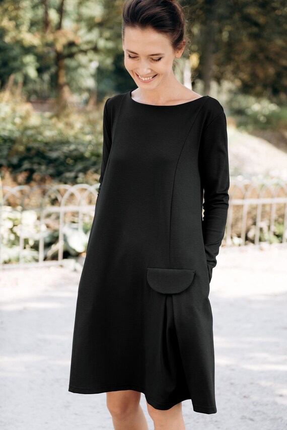 LeMuse Black Midi Dress, A Line Dress, Loose Dress, Long Sleeve Dress, Pocket Dress, Minimalist Clothing, Black Casual Dress, Simple Dress