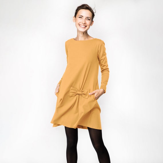 Women Yellow Dress Long Sleeve Dress Petite Dress Bow Dress