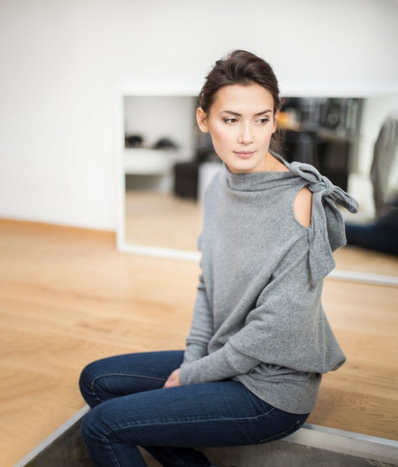 LeMuse Silver Sweater, Wool Sweater, Asymmetrical Sweater, Comfy Sweater, Ribbon Sweater, Extravagant Sweater, Women Loose Top, Winter Sweater