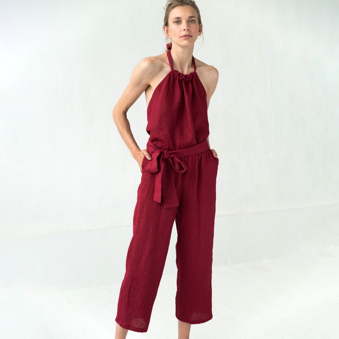 Summer Linen Jumpsuit Red Jumpsuit Halter Jumpsuit Capri - Etsy