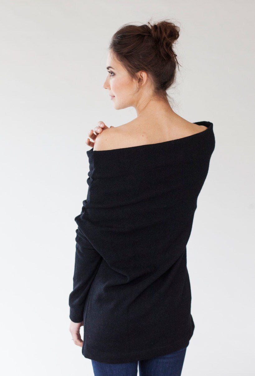 Off Shoulder Sweater Black Wool Sweater Extravagant Sweater - Etsy