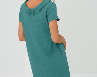 Minimalist midi shift linen dress by LeMuse, natural women mid-century clothes, modern bridesmaid frock, summer, spring, fall apparel