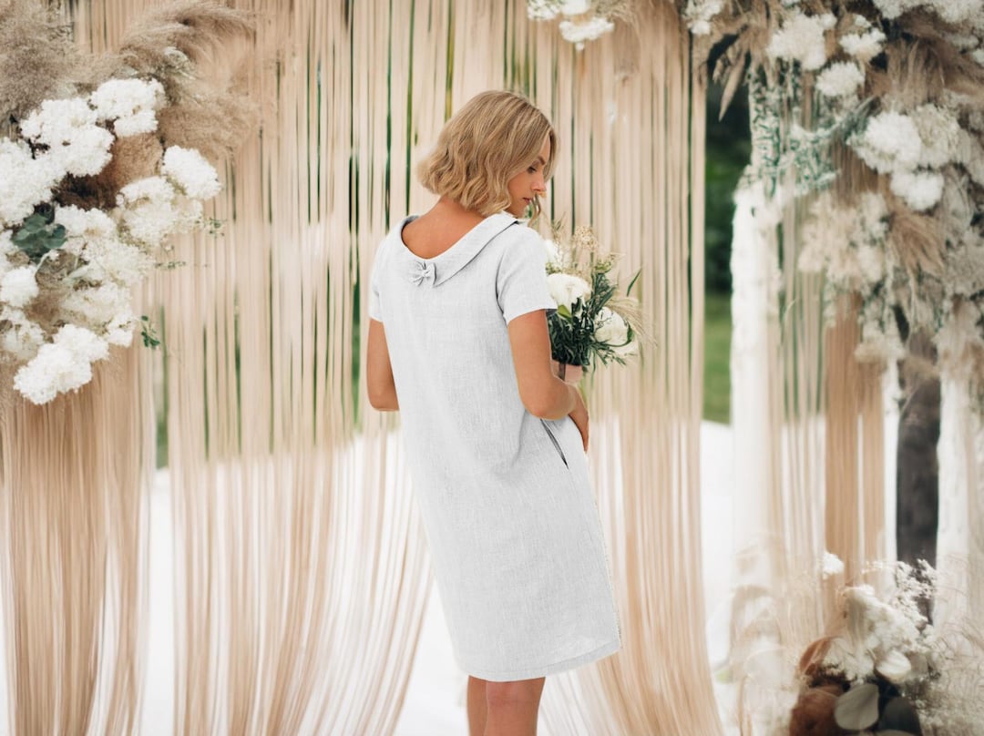 Short Wedding Linen Dress For Women, Civil Minimalist Bridal Simple Shift Frock, Alternative Wedding Guest Boho Clothing