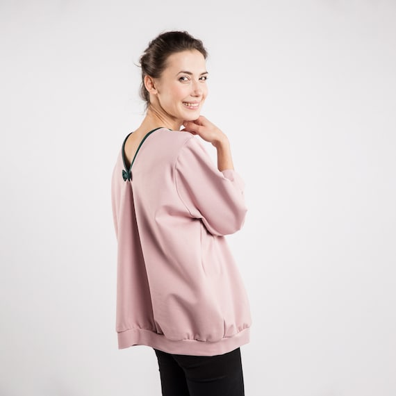 Women Loose Top, Dusty Rose Top, Ribbon Top, Long Sleeve Top, Minimalist  Clothing, Winter Top, Women Jumper, Oversize Top, Comfy Blouse 