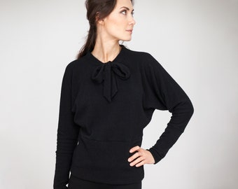 Suéter de lazo de lana, suéter LeMuse, suéter de otoño, suéter negro, ropa de otoño, jersey cálido, blusa con lazo, jersey elegante, cómodo