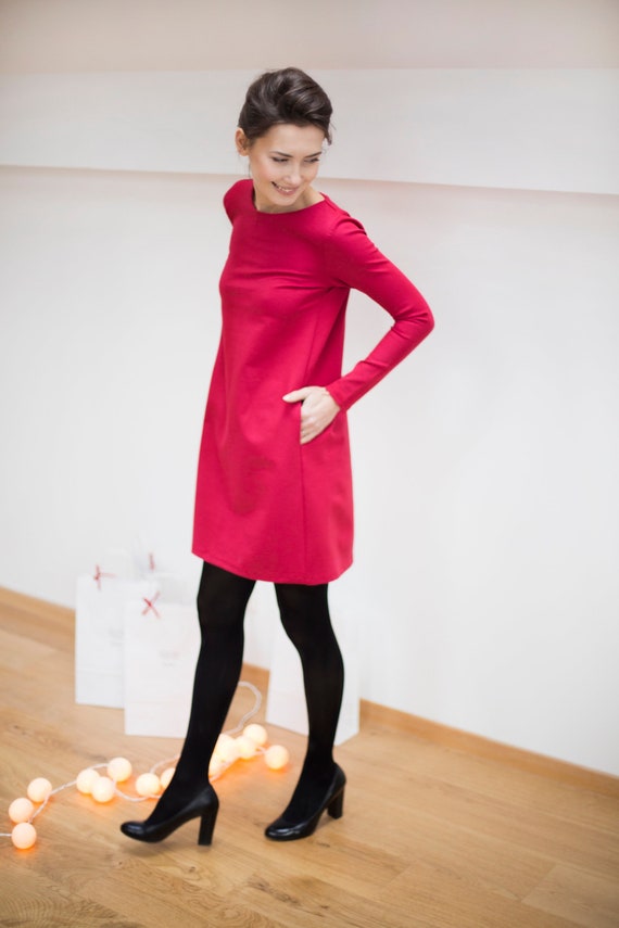 Minimalist Red Dress, Lemuse Cocktail Dress, Valentines Day Dress, Long  Sleeve Dress, Spring Clothing, Dress With Pockets, Casual Dress -   Norway