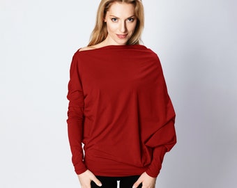 Batwing Top, Minimalist Clothing Women, Red Long Sleeve Tops, Button Back Blouse, Elegant Top, Formal Blouses, Winter Clothing, LeMuse