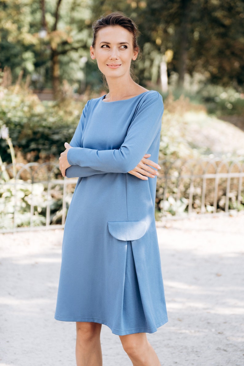 Donkerblauwe jurk midi-jurk jurk met lange mouwen zakjurk - Etsy België
