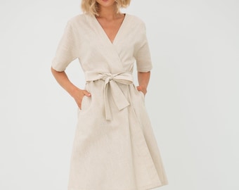 Linen mother of the bride dress, knee short shift everyday minimalist simple wrap gown frock with belt, kimono boho clothing