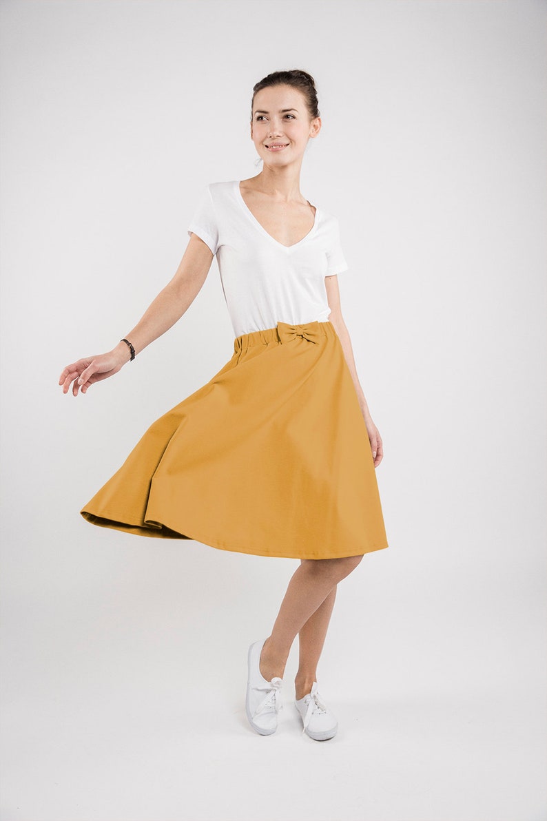 Women Yellow Skirt, Flare Skirt, Mustard Skirt, Bow Skirt, Midi Skirt, Skater Skirt, Poodle Skirt, Pocket Skirt, Minimalist Clothing, Loose image 2