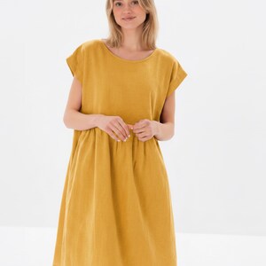 Linen Blend Gathered Waist Pocket Dress for Women, Yellow, White, Beige – Luna by LeMuse