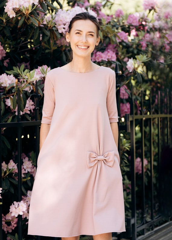 Petite Dress, Cocktail Dress, Lemuse Dress, Womens Clothing, Minimalist  Dress, Bow Dress, Loose Midi Dress, Pink Spring Dress, Modest Dress 