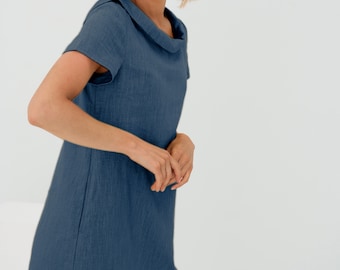 Linen mother of the groom dress, knee short shift wedding guest minimalist frock with belt, summer boho petite clothing