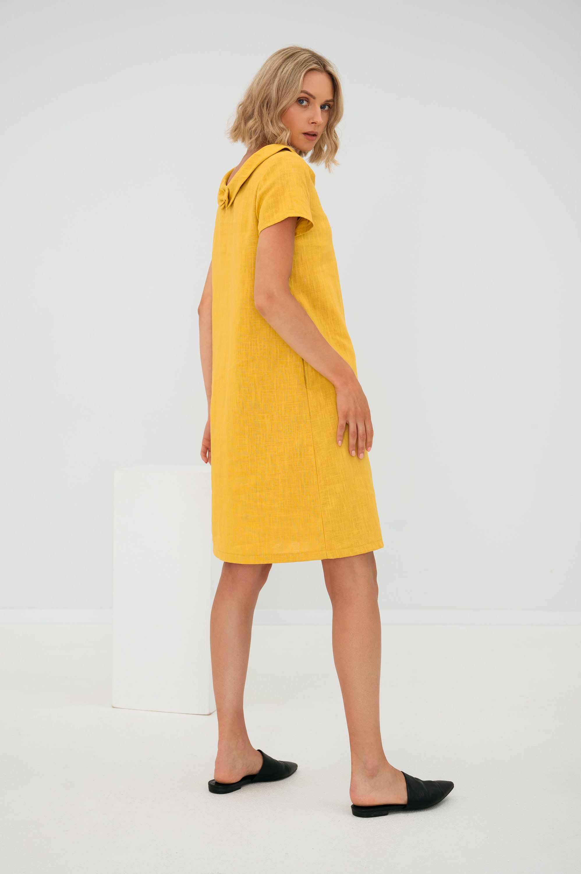 Summer Linen Dress With Pockets, Minimalist Handmade Shift Cocktail Beach Boho Midi Frock, Bridesmaid Clothing, Yellow Summer Short Apparel