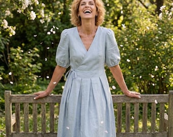 Natural women's linen wrap dress, minimalist midi clothing, modest bridesmaid shift short rose frock, summer, spring, fall apparel
