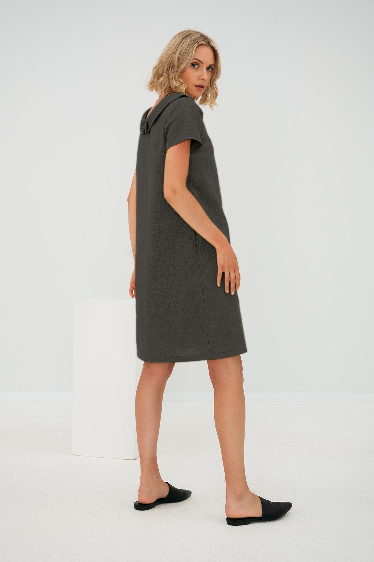 Petite Linen Dress By Lemuse, Womens Clothing, Work Dress, A Line Office Elegant Minimalist Short Sleeve