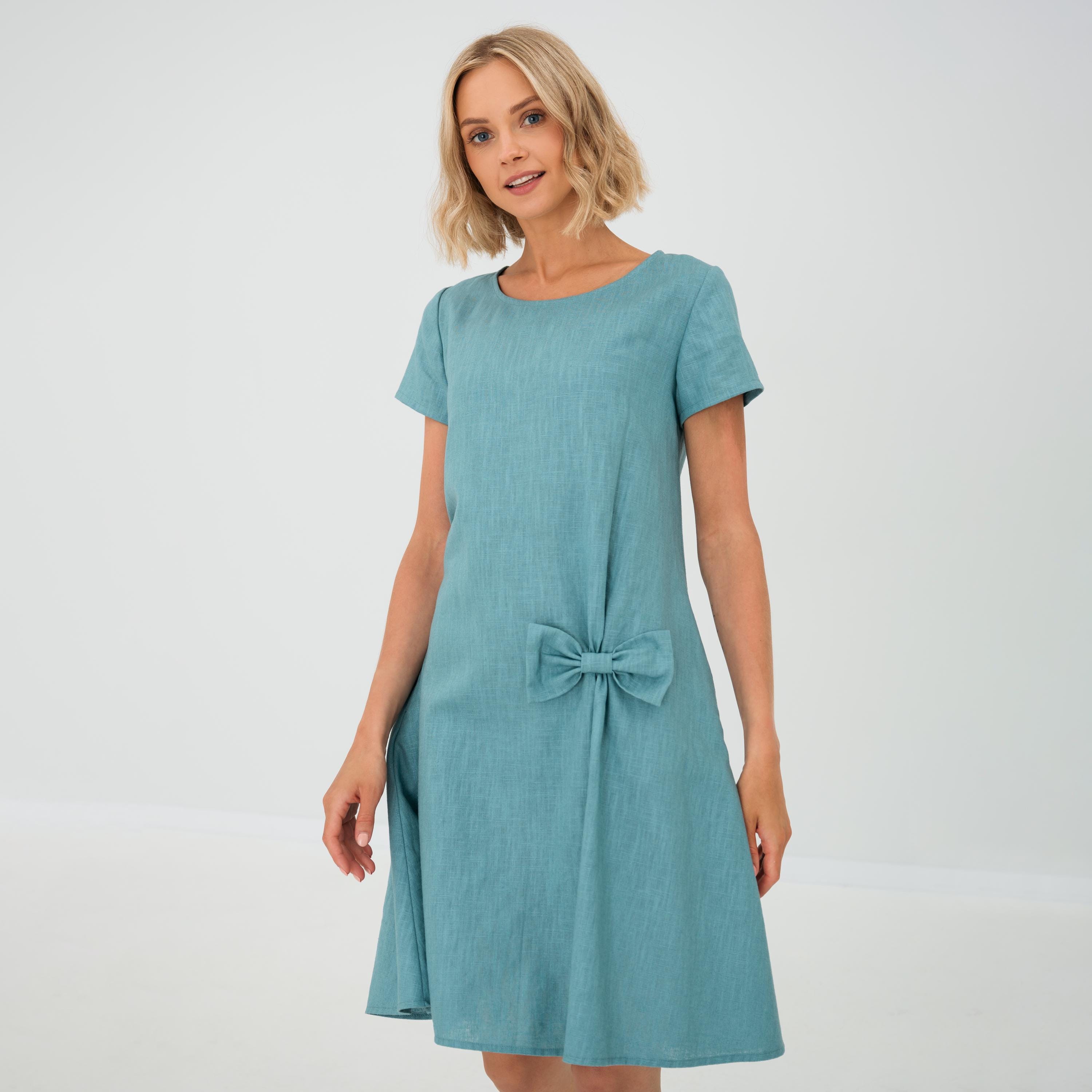Wedding Guest Dress, Formal Linen Womens Clothing, Cocktail Bow Elegant Loose Lemuse