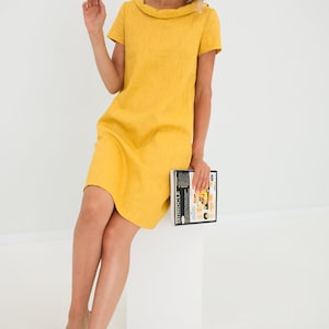 Vestido de lino amarillo, vestido minimalista, vestido de línea, vestido sencillo, vestido de todos los días, vestido modesto, ropa de lino, vestido de lino casual, Lemuse imagen 8