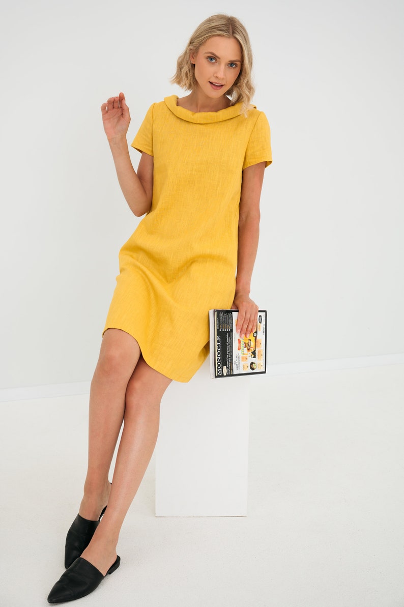 Robe en lin jaune, Robe minimaliste, Robe trapèze, Robe simple, Robe de tous les jours, Robe modeste, Vêtements en lin, Robe en lin décontractée, Lemuse image 8