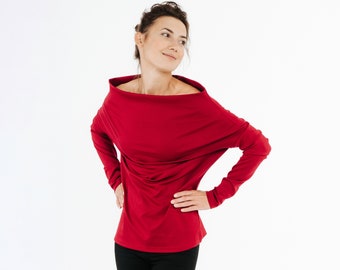 Red Off Shoulder Top, LeMuse Blouse, Christmas Top, Long Sleeve Top, Elegant Blouse, Minimalist Clothing, Holiday Blouse, Womens Clothing