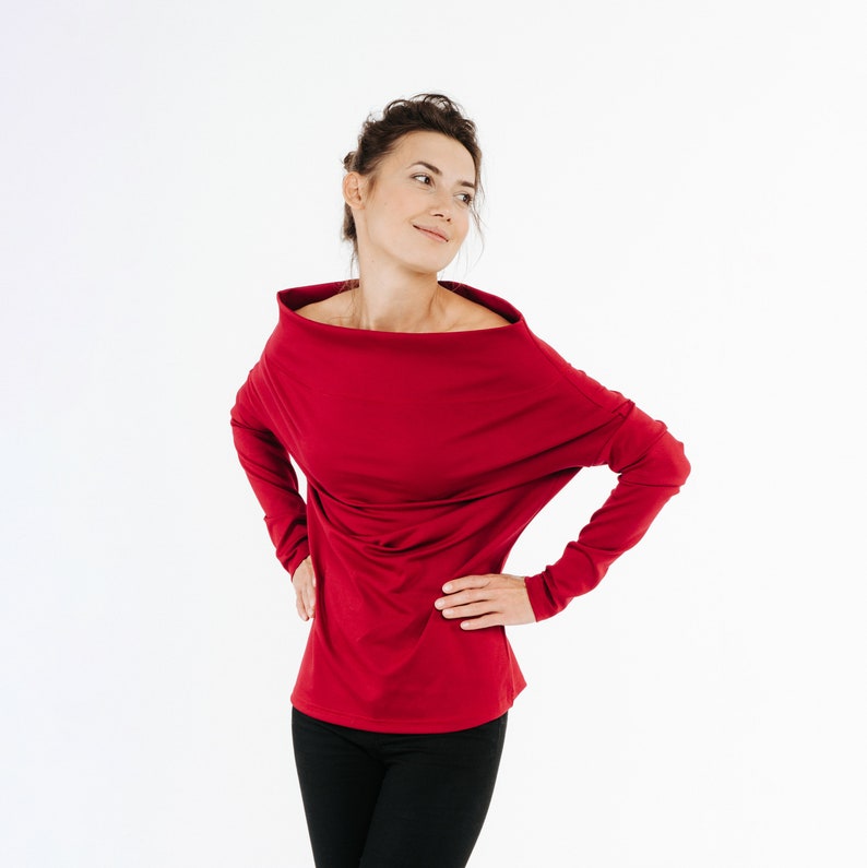 Red Off Shoulder Top, LeMuse Blouse, Christmas Top, Long Sleeve Top, Elegant Blouse, Minimalist Clothing, Holiday Blouse, Womens Clothing Red