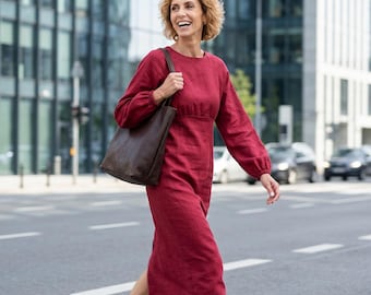 Natural women's linen classic dress, minimalist midi receptionist clothing, modest office shift short rose frock, summer, fall apparel