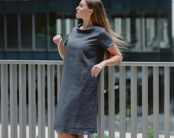 Bridesmaid linen wedding guest dress, summer style minimalist midi frock with bow, classic shift petite clothes, vacation women apparel