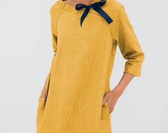 Natural women linen dress with pockets, minimalist midi clothing, modest bridesmaid shift short rose frock, summer, spring, fall apparel