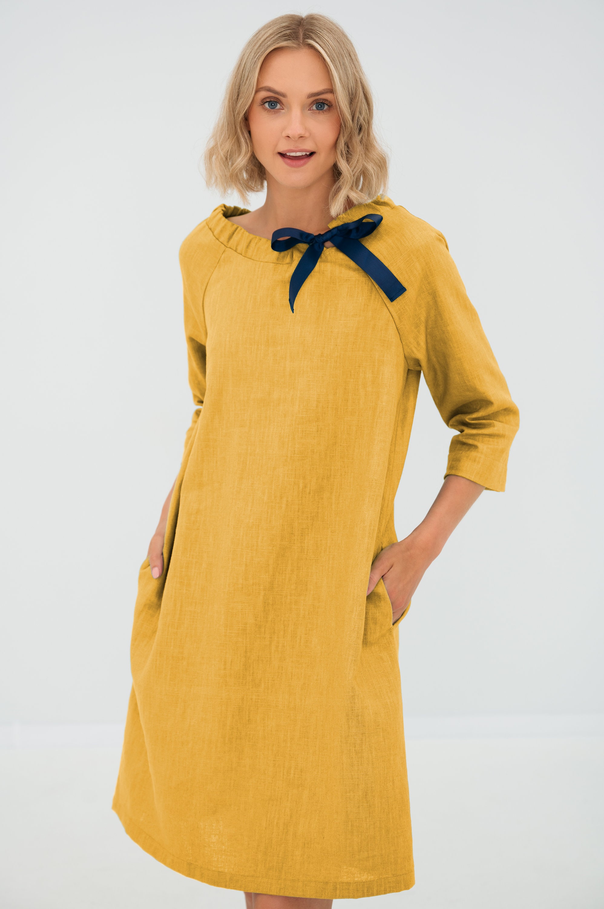 knee length dresses for ladies Linen dress EMMA — Stonewashed Linen with Pockets main image 1