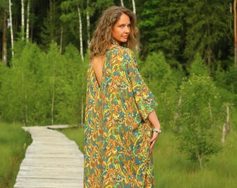 Maxi summer women's clothing, lightweight kaftan dress with long sleeves, printed cotton floor length vacation frock