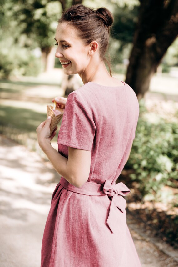 Linen Dress Belt Dress Pink Linen Dress 