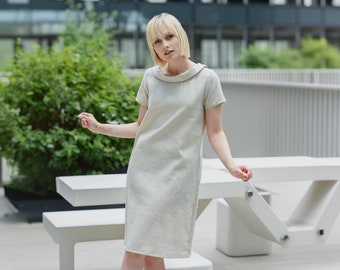 Minimalist Loose Linen Dress By LeMuse, Teacher Dress, Womens Clothing, Midi Bow Dress, Pocket Dress, Elegant Dress, Work Dress