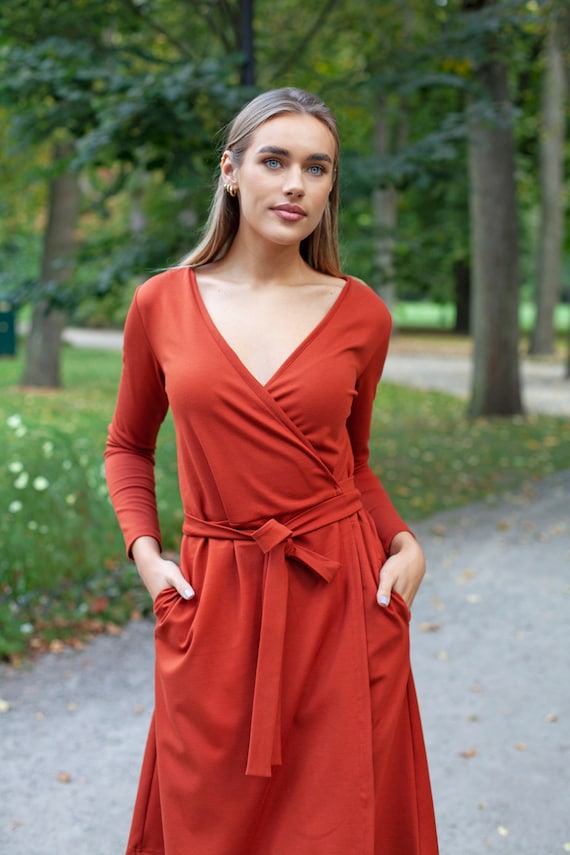 Brick Red Dress Wrap Dress Elegant 