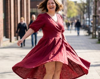 Plus size linen minimalist dress for women, wrap clothing, modest bridesmaid shift short rose frock, summer, spring, fall apparel