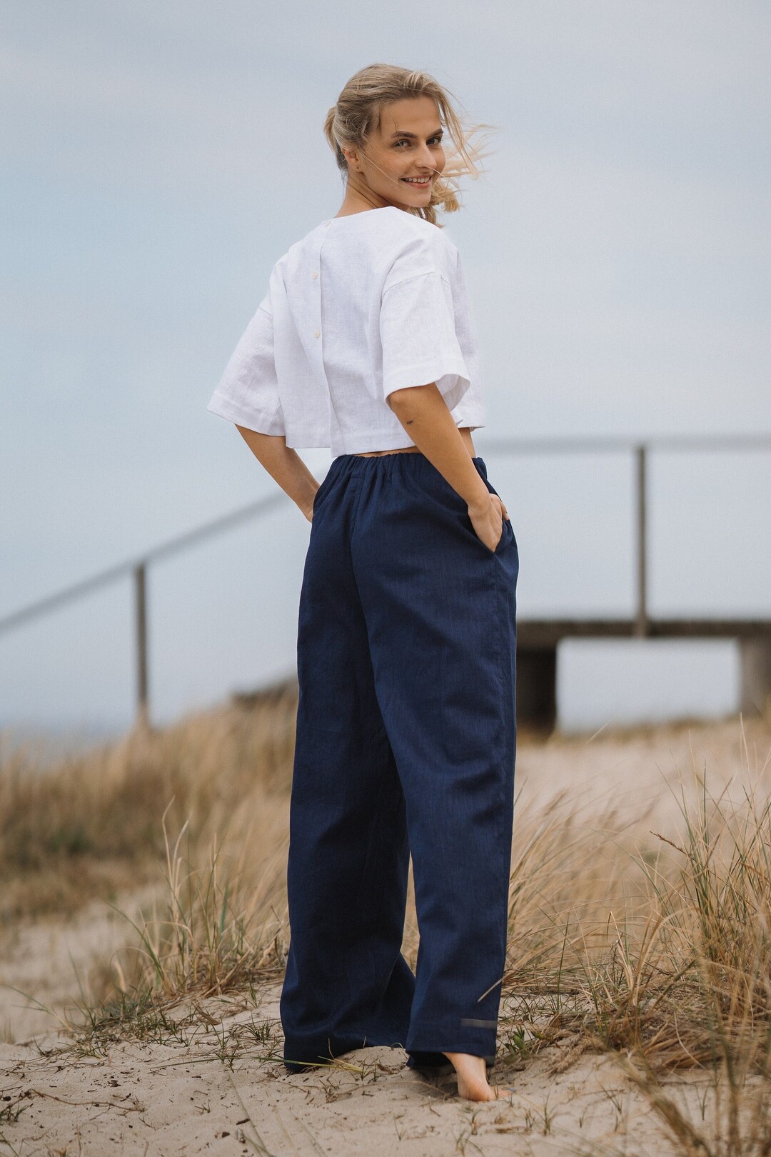 Boho Linen Pants: Loose Flare Style With Deep Blue Color and Side ...