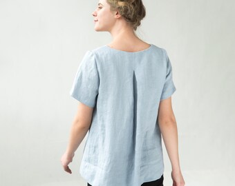 Blue Linen Blouse, Minimalist Top, Linen Clothing, Womens Clothing, Mid Century Modern, Casual Blouse, Short Sleeve Blouse, Comfy Clothes