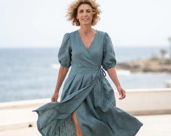 Natural linen wrap dress for women, minimalist midi clothing, modest bridesmaid shift short rose frock, summer, spring, fall apparel