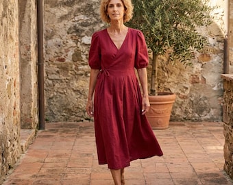 Women's linen teacher dress, minimalist wrap clothing, modest bridesmaid shift short rose frock, summer, spring, fall apparel