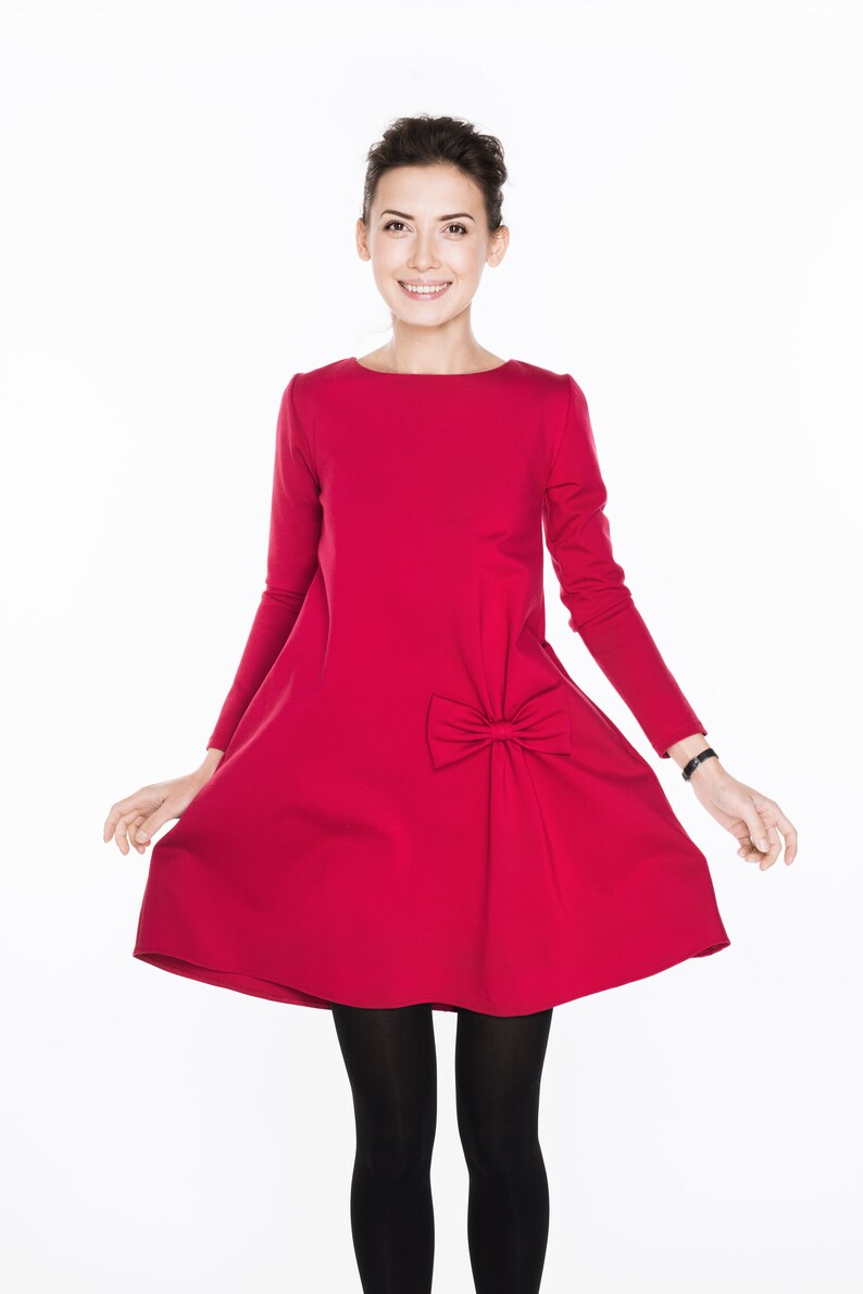 Robe de printemps par LeMuse, Robe rouge, Robe trapèze, Robe à manches longues, Vêtements pour femme, Robe élégante, Robe de cérémonie, Jolie robe pour rendez-vous amoureux image 3