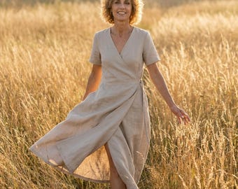 Wedding women's linen wrap dress, minimalist midi clothing, modest bridesmaid shift short rose frock, summer, spring, fall apparel
